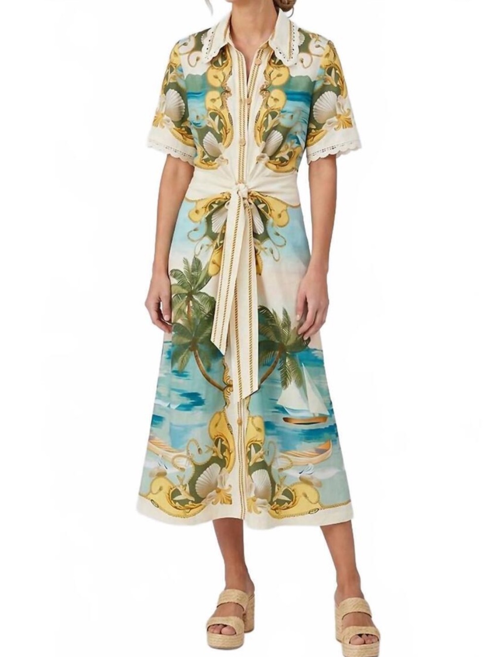 NEW FARM RIO Off White royal sea Collared midi dress in multicolor Size M Medium